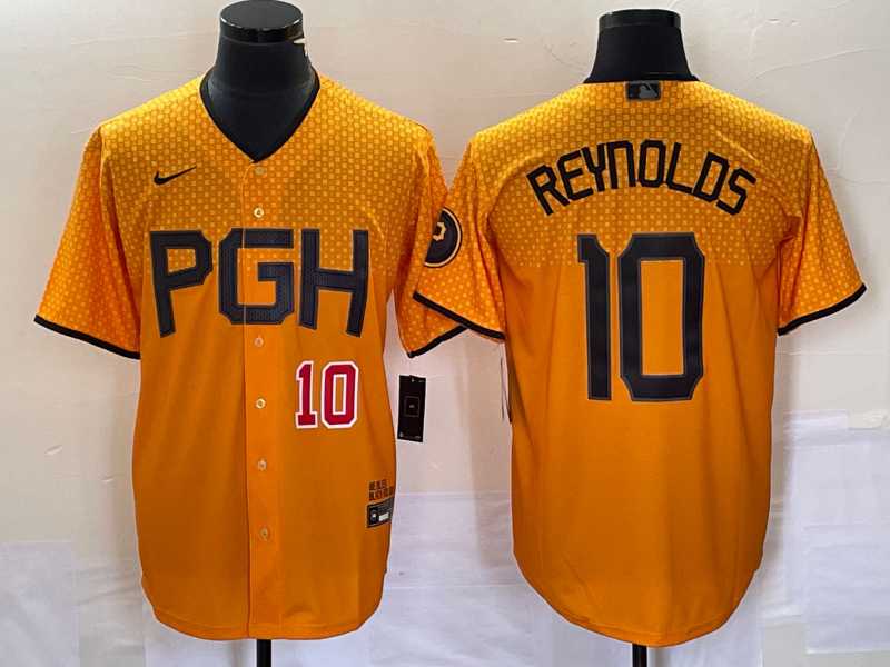 Men%27s Pittsburgh Pirates #10 Bryan Reynolds Number Gold 2023 City Connect Stitched Jersey
